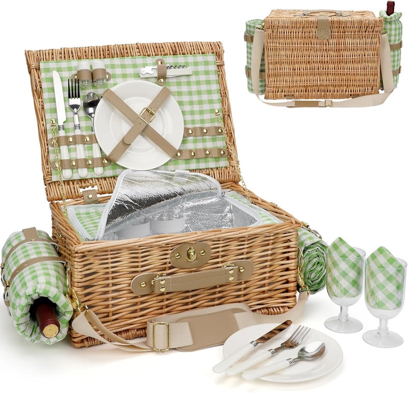 WILLOW WEAVE Picnic Basket for 2, Insulated Willow Picnic Baskets with Shoulder Strap, Picnic Hamper with Waterproof Picnic Blanket, Handmade Wicker Hamper for Outdoor Camping, Green Check - Image 1